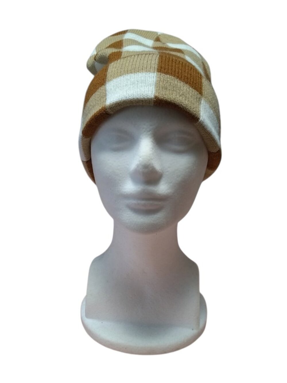 Maeve Anthropologie One Size Checkerboard Beanie Brown Tan White Knit Cuffed New